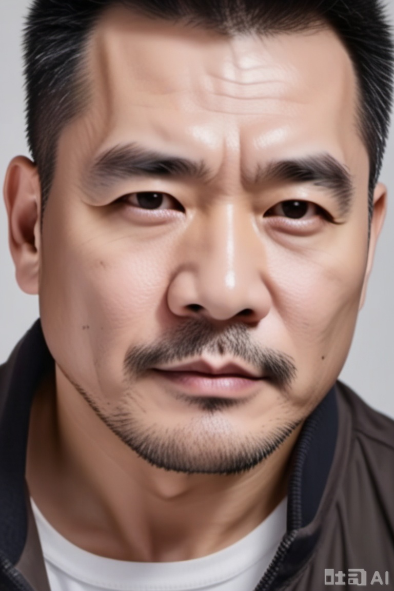 masterpiece, best quality, amazing quality, very aesthetic, absurdres, highres, newest, Chinese, 1 man, middle-aged man,male focus, solo, realistic, portrait, facial hair, black hair, looking at the audience, black eyes, blurry, blurry background, closed mouth, lips, thick eyebrows, short hair, white background, simple background, asian,mature male