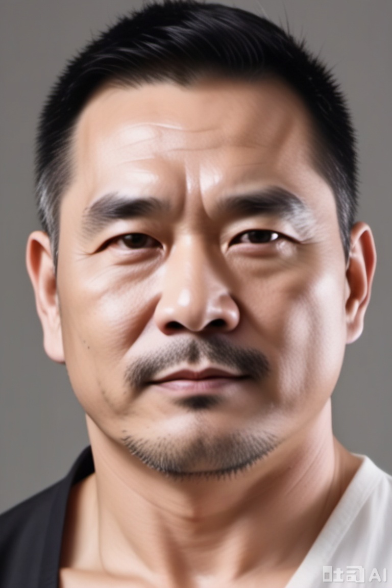 masterpiece, best quality, amazing quality, very aesthetic, absurdres, highres, newest, Chinese, 1 man, middle-aged man,male focus, solo, realistic, portrait, facial hair, black hair, looking at the audience, black eyes, blurry, blurry background, closed mouth, lips, thick eyebrows, short hair, white background, simple background, asian,mature male