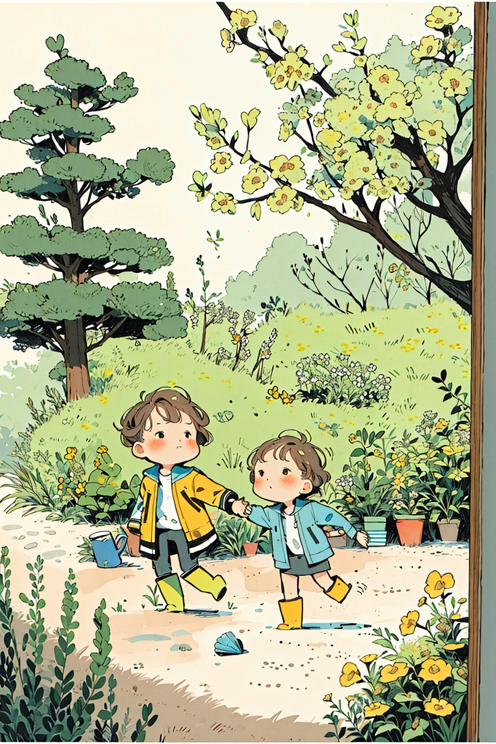 <lora:kp_插画B:0.8>,kp,1girl,1other,blue skirt,blush,brown hair,canvas (object),cup,curtains,easel,flower,instrument,jacket,kp,long sleeves,nature,outdoors,pants,pillow,rubber boots,running,sand,shell,shirt,short hair,simple background,sitting,stairs,sweater,traditional media,tree,white background,white flower,window,