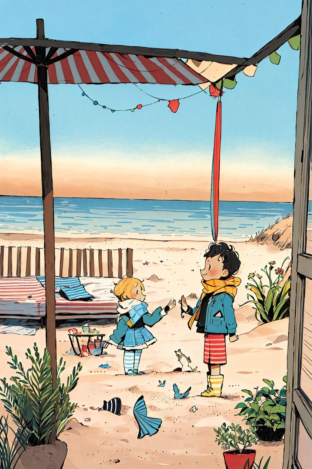 1boy, beach umbrella, bear, black hair, blue jacket, blue skirt, blue sky, clock, fence, fish, horizon, kp, lying, plant, potted plant, profile, running, sand, sand sculpture, scenery, small breasts, smile, standing, striped, striped scarf, traditional media, window, yellow footwear,<lora:kp_插画B:0.8>, kp,