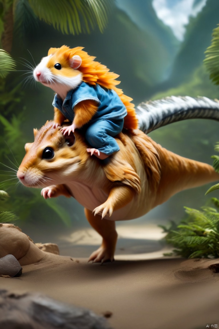  Hamster riding a dinosaur, tiny hamsters and giant dinosaurs,Tyrannosaurus rex, dinosaur, beautiful feathers, scary teeth, ((Best quality)), ((Best quality)),((Best quality)),((realistic)),((exterior view)),photo realistic,(masterpiece),orante,super detailed,intricate,photo like image quality, Hamster, ZLJ