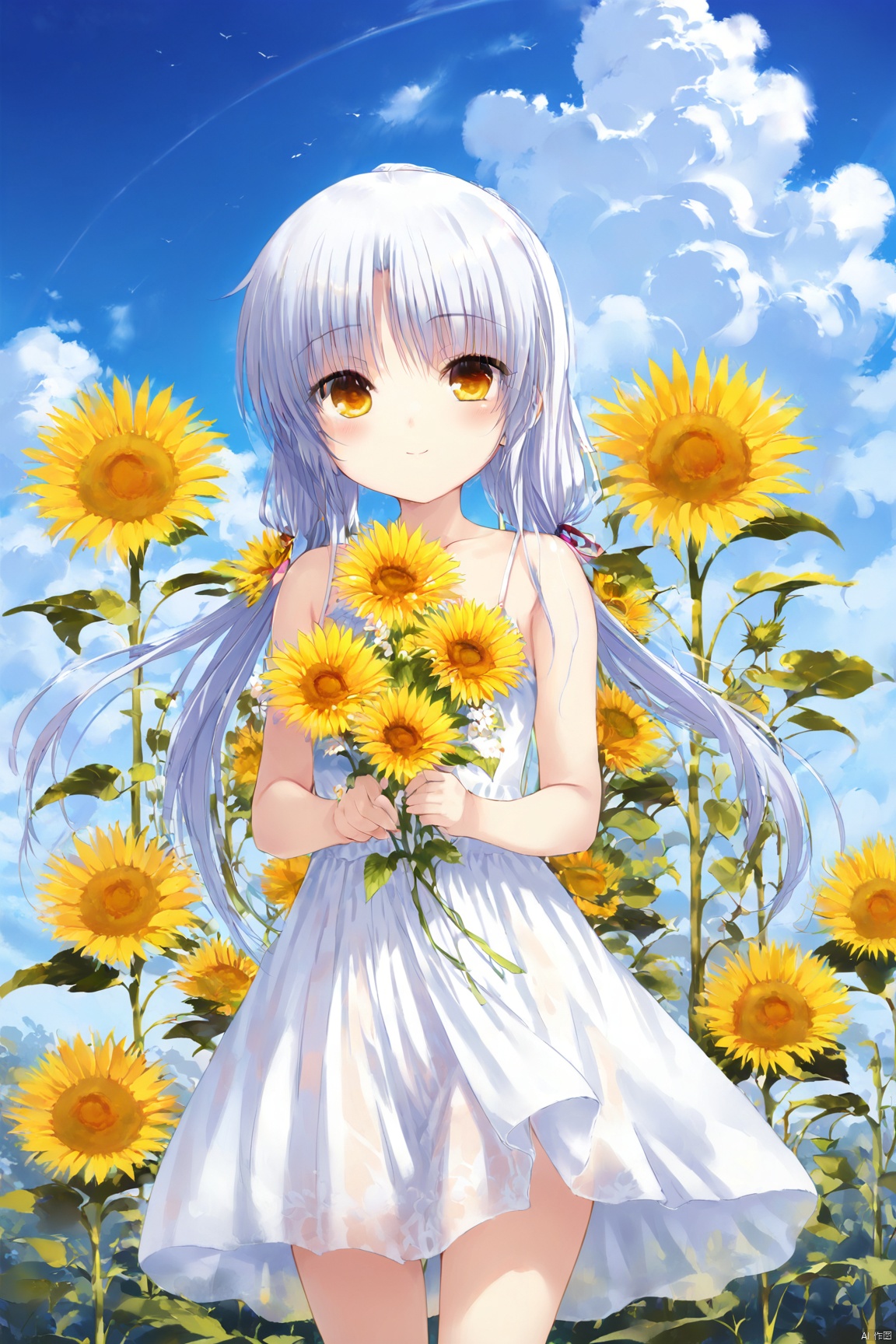  kanade,1girl, solo, loli,sundress,see-through dress, see-through silhouette,Blue sky and white clouds ,yellow eyes, wind, floating hair, looking at viewer, closed mouth,
 long hair, breasts, blush, smile,bangs, hair ornament, dress, holding, bare shoulders, standing, collarbone, flower, white hair, small breasts, outdoors, sky, sleeveless, day, cloud, white dress, blue sky, sleeveless dress, low twintails, sunflower, holding flower, sundress, 
Depth of field, (((masterpiece))), ((extremely detailed CG unity 8k wallpaper)), best quality, high resolution illustration, Amazing, intricate detail, (masterpiece), (best quality)