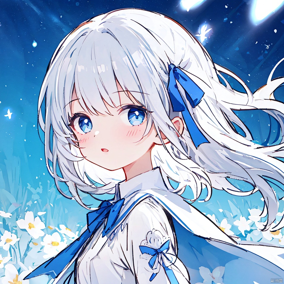  (masterpiece, extremely detailed 8k wallpaper,best quality), (best illumination, best shadow, extremely delicate and beautiful), floating, finely detail, Depth of field (bloom), (shine), glinting stars,classic, (illustration), (sketch),(panorama),detailed eyes,perfect face,
upper_body,white background,
1 girl,solo,
white hair,long hair,loli,blue eyes,hair ribbon,
white dress,long sleeves,
