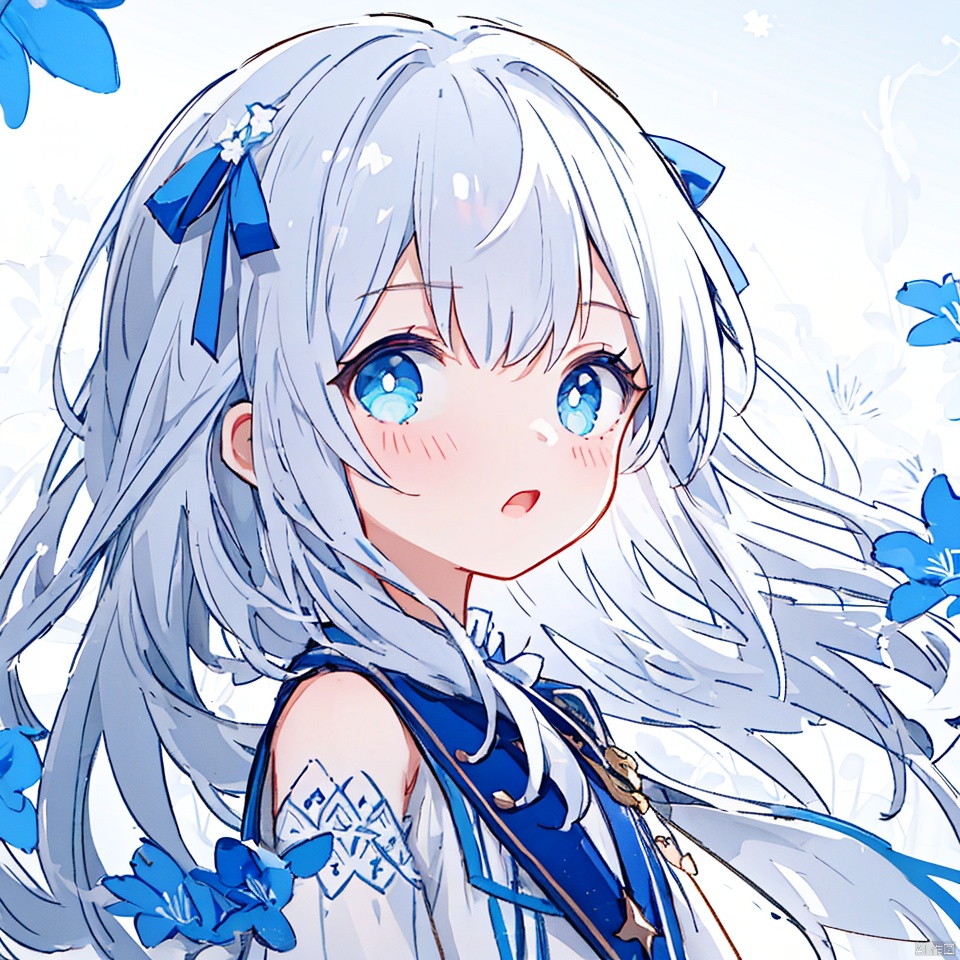  (masterpiece, extremely detailed 8k wallpaper,best quality), (best illumination, best shadow, extremely delicate and beautiful), floating, finely detail, Depth of field (bloom), (shine), glinting stars,classic, (illustration), (sketch),(panorama),detailed eyes,perfect face,
upper_body,white background,
1 girl,solo,
white hair,long hair,loli,blue eyes,hair ribbon,
white dress,long sleeves,
