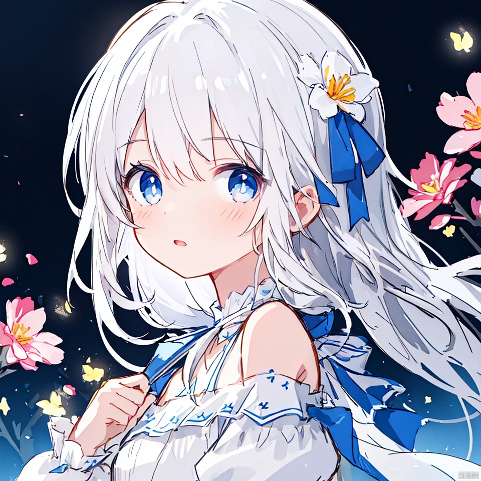 (masterpiece, extremely detailed 8k wallpaper,best quality), (best illumination, best shadow, extremely delicate and beautiful), floating, finely detail, Depth of field (bloom), (shine), glinting stars,classic, (illustration), (sketch),(panorama),detailed eyes,perfect face,
upper_body,white background,simple background,
1 girl,solo,
white hair,long hair,loli,blue eyes,hair ribbon,
white dress,long sleeves,off-shoulder
