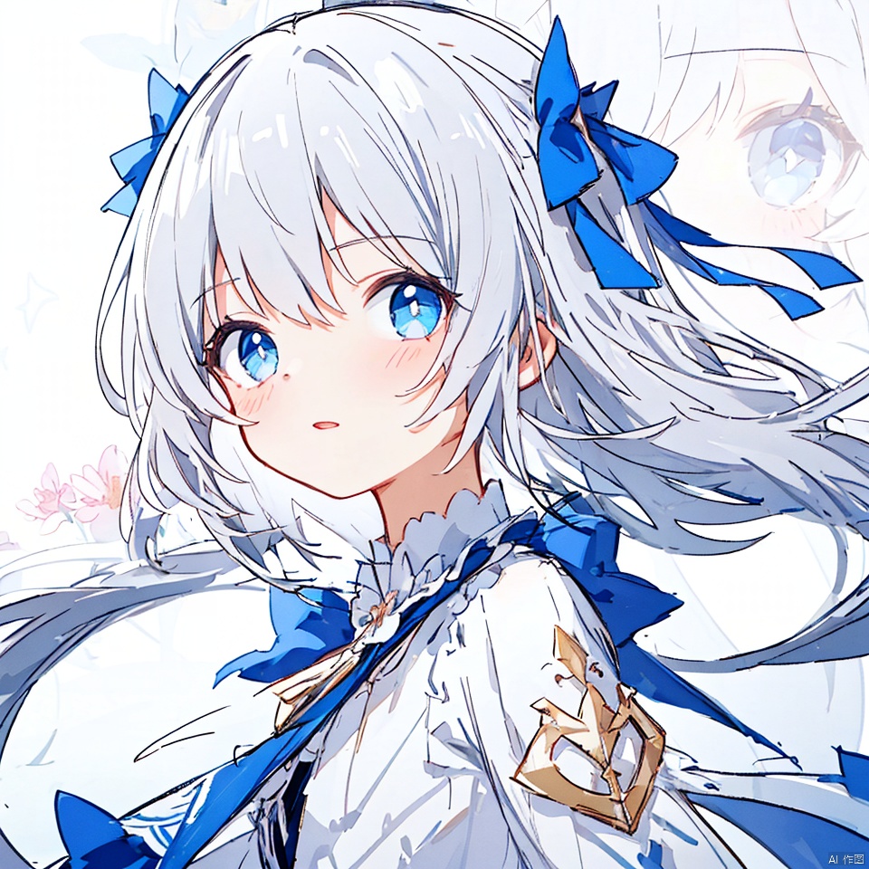  (masterpiece, extremely detailed 8k wallpaper,best quality), (best illumination, best shadow, extremely delicate and beautiful), floating, finely detail, Depth of field (bloom), (shine), glinting stars,classic, (illustration), (sketch),(panorama),detailed eyes,perfect face,
upper_body,white background,
1 girl,solo,
white hair,long hair,loli,blue eyes,hair ribbon,
white dress,long sleeves,
