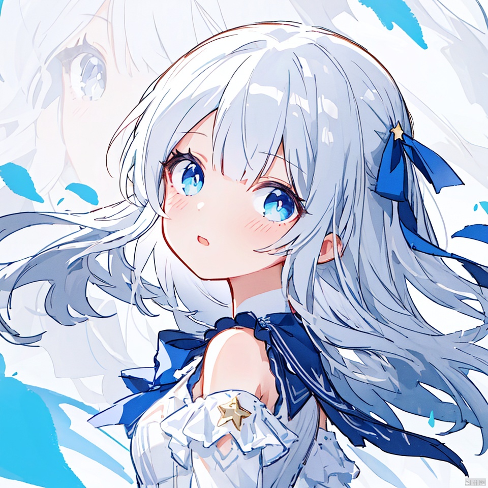  (masterpiece, extremely detailed 8k wallpaper,best quality), (best illumination, best shadow, extremely delicate and beautiful), floating, finely detail, Depth of field (bloom), (shine), glinting stars,classic, (illustration), (sketch),(panorama),detailed eyes,perfect face,
upper_body,white background,
1 girl,solo,
white hair,long hair,loli,blue eyes,hair ribbon,
white dress,long sleeves,off-shoulder
