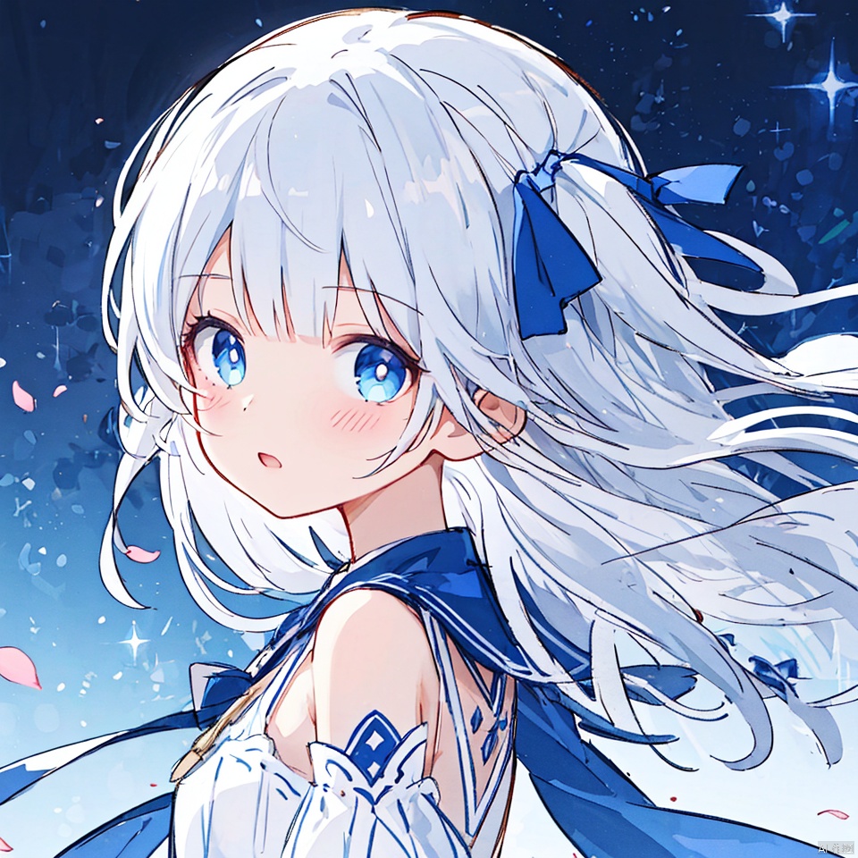  (masterpiece, extremely detailed 8k wallpaper,best quality), (best illumination, best shadow, extremely delicate and beautiful), floating, finely detail, Depth of field (bloom), (shine), glinting stars,classic, (illustration), (sketch),(panorama),detailed eyes,perfect face,
upper_body,white background,
1 girl,solo,
white hair,long hair,loli,blue eyes,hair ribbon,
white dress,long sleeves,
