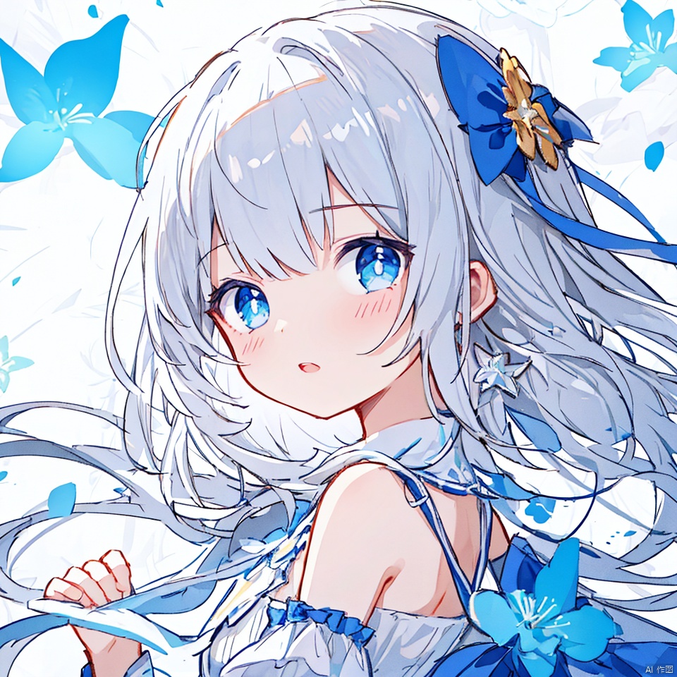  (masterpiece, extremely detailed 8k wallpaper,best quality), (best illumination, best shadow, extremely delicate and beautiful), floating, finely detail, Depth of field (bloom), (shine), glinting stars,classic, (illustration), (sketch),(panorama),detailed eyes,perfect face,
upper_body,white background,
1 girl,solo,
white hair,long hair,loli,blue eyes,hair ribbon,
white dress,long sleeves,off-shoulder
