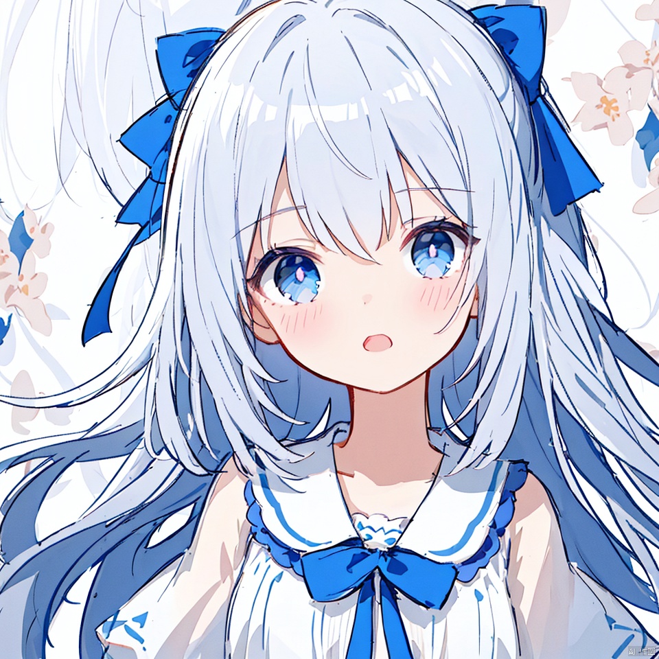  (masterpiece, extremely detailed 8k wallpaper,best quality), (best illumination, best shadow, extremely delicate and beautiful), floating, finely detail, Depth of field (bloom), (shine), glinting stars,classic, (illustration), (sketch),(panorama),detailed eyes,perfect face,
upper_body,white background,
1 girl,solo,
white hair,long hair,loli,blue eyes,hair ribbon,
white dress,long sleeves,
