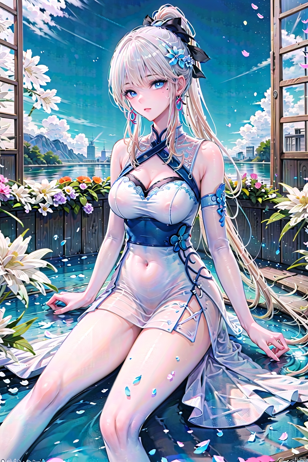  ((best quality)),((masterpiece)),((ultra-detailed)),(illustration),(detailed light),(an extremely delicate and beautiful),((trim)),incredibly_absurdres,(ray tracing),(reflection light),1girl,(girl middle of flower:1.4),(pure skyblue eyes, white hair:1.5),clear sky,outside,ultra-detailed,best quality,extreme quality,Masterpiece,beautiful,pretty,sitting on the ground,(absurdly long hair, clear boundaries of the cloth:1.4),(pure white dress, pure white silk cloth:1.5),(ground of flowers, thousand of flowers, colorful flowers, flowers around her, various flowers:1.51), (((beautiful detailed eyes, long hair, blue hair, ponytail, hair ribbon, hair ornament, mole under eye, blue eyes,)))young,stunning,attractive,sundress,fantastic scenery,pure whiteshoes,, sweet girl, cuteloli, kamisato ayaka, 1gir, yeqinxian,（（Insert hands into inner thighs,Touch the ***** gently））Lying in bed, backlight,brown hair, girl, jingliu