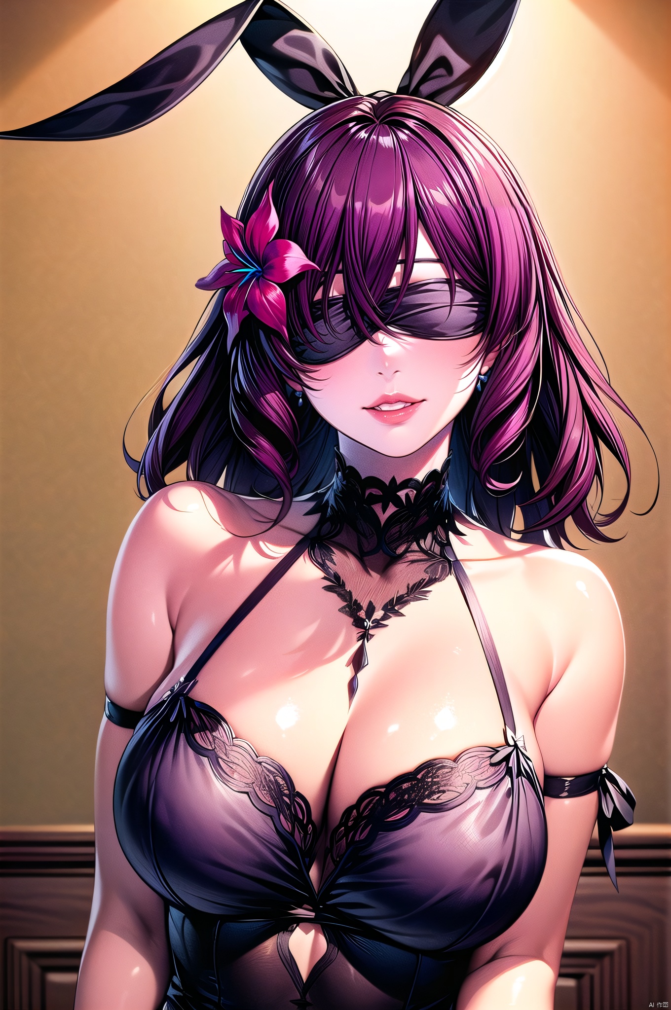 Shiranui, 1girl, solo, cleavage, hair ornament, bare shoulders, hair ribbon, blindfold, upper body, flower, parted lips, choker, hair flower, collarbone, lingerie, bangs, see-through, long hair, smile, dress, babydoll, purple hair, black dress, halterneck, facing viewer, lace, huge breasts, rabbit ears, nice hands, 