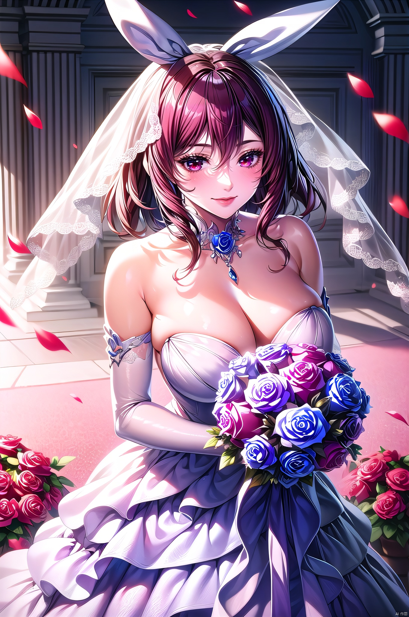 Shiranui, 1girl, solo, hair ornament, hair ribbon, red eyes, large breasts, rabbit ears, nice hands,flower, bouquet, breasts, dress, wedding dress, solo, rose, large breasts, cleavage, necklace, jewelry, blue flower, purple flower, blue rose, feathers, veil, purple rose, gloves, collarbone, bare shoulders, white dress, holding, elbow gloves, strapless, strapless dress, bridal veil, holding bouquet, pink rose, petals, bride, smile, bird, flower field
