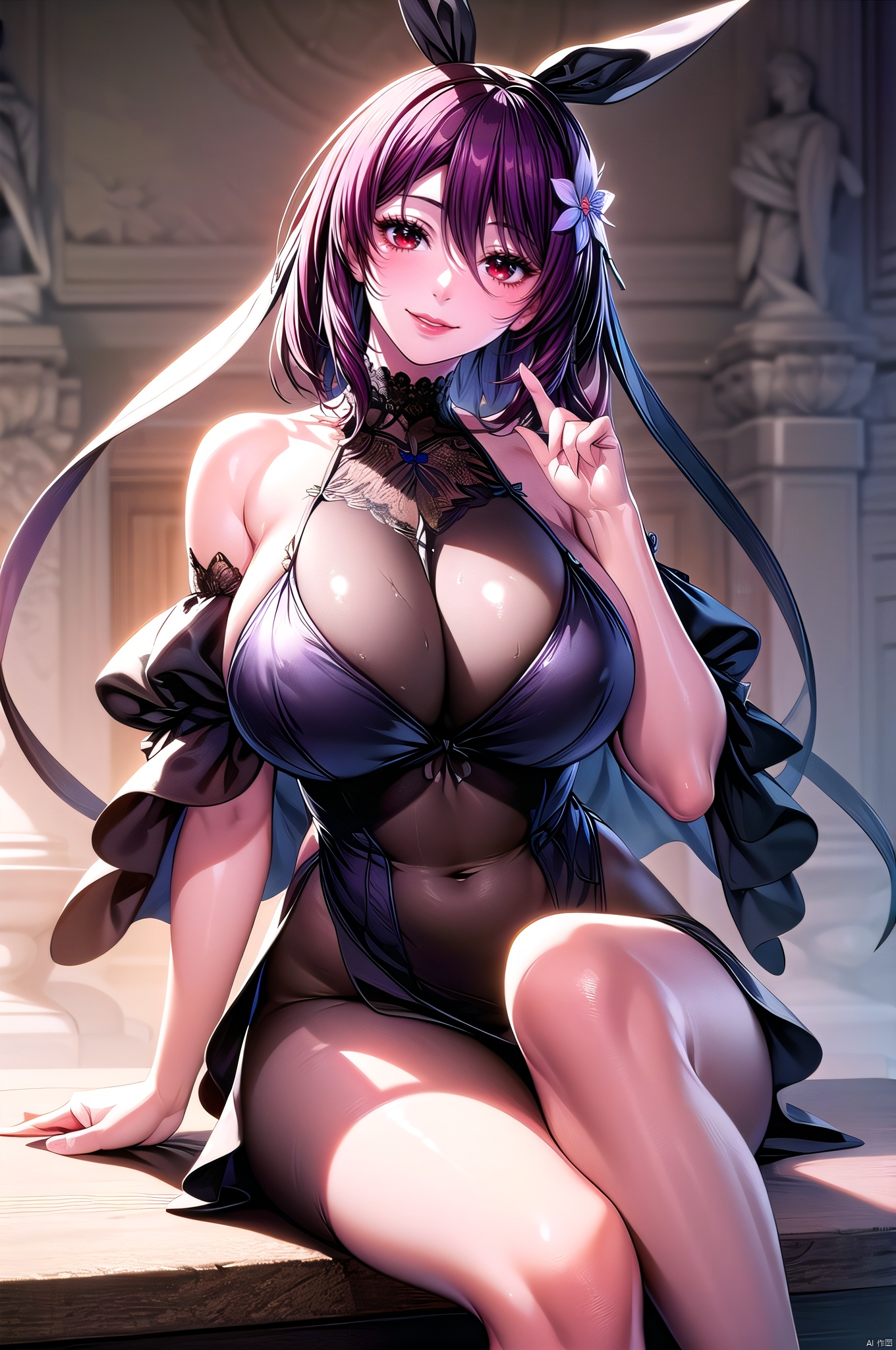 Shiranui, 1girl, solo, hair ornament, hair ribbon, red eyes, upper_body, flower, choker, hair flower, bangs, long hair, smile, dress, babydoll, purple hair, black dress, halterneck, facing viewer, lace, huge breasts, rabbit ears,nice hands, sitting,