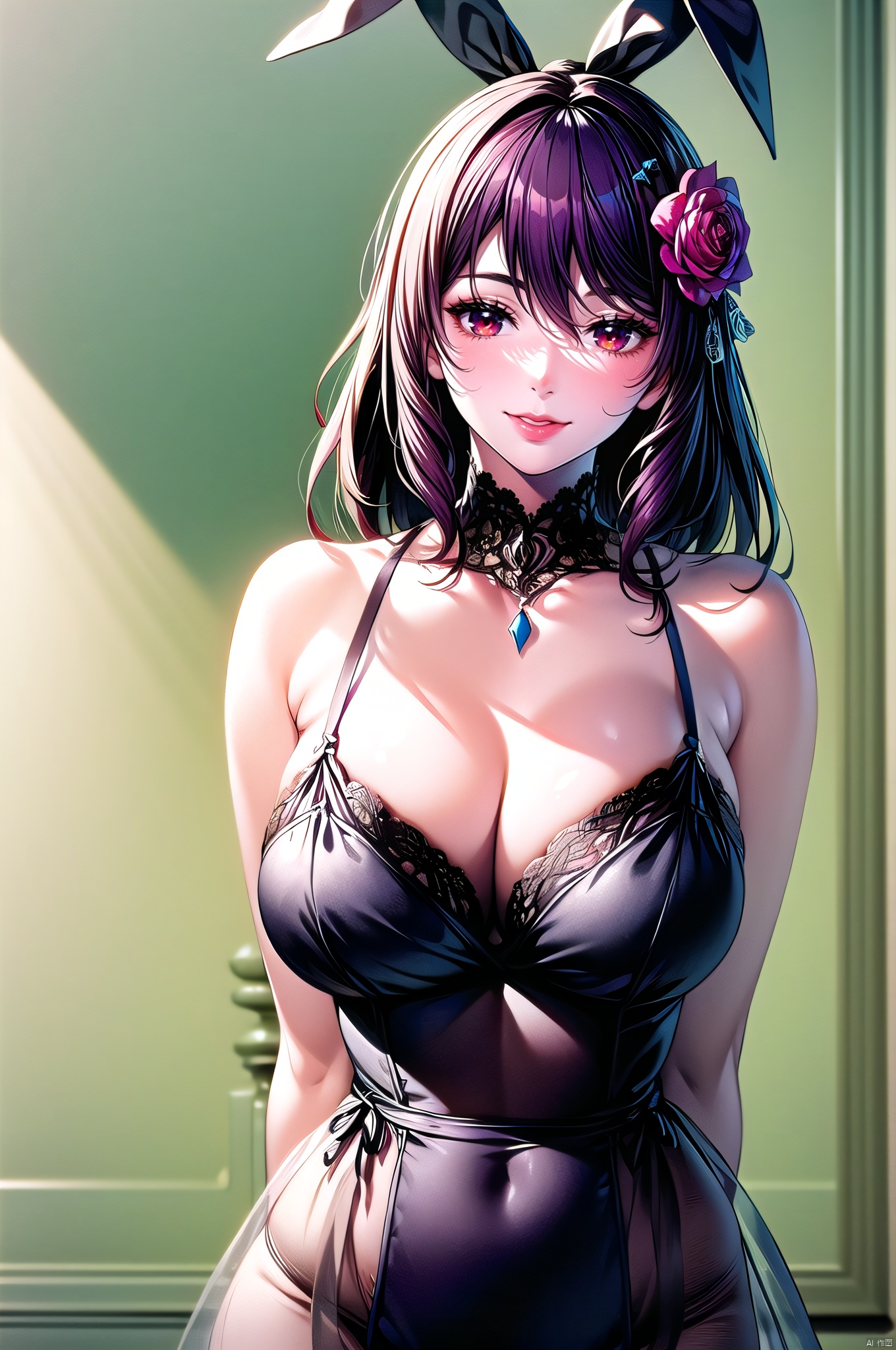 Shiranui, 1girl, solo, cleavage, hair ornament, bare shoulders, hair ribbon, red eyes, upper_body, flower, choker, hair flower, collarbone, lingerie, bangs, see-through, long hair, smile, dress, babydoll, purple hair, black dress, halterneck, facing viewer, lace, huge breasts, rabbit ears, nice hands, arms behind back,