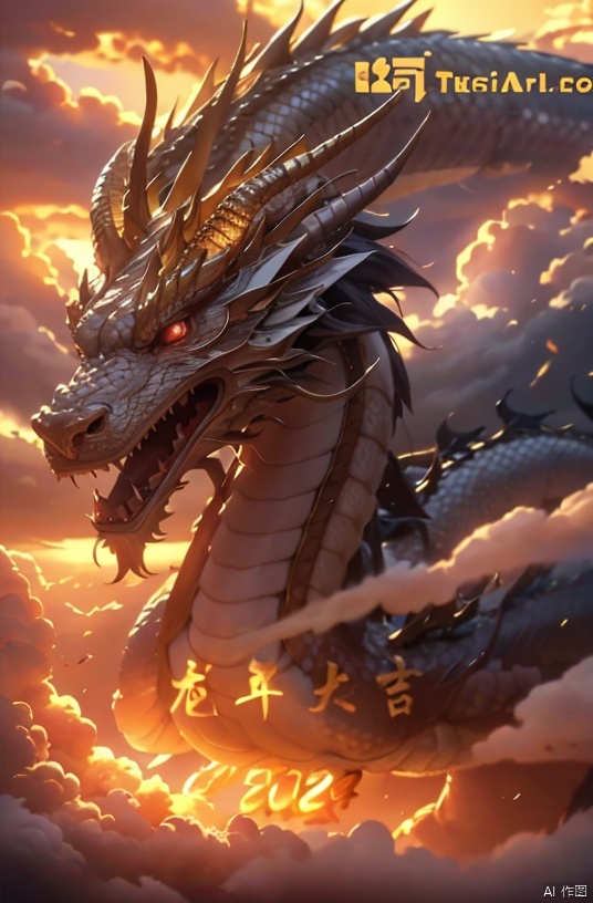  HDR, UHD, 8K,dramatic lighting,soft,golden hour,highly detailed,sharp focus,professional grade,depth of field,real life,cinematic tones,rule of thirds,
,auspicious clouds,cloud,Sky, fly,
Chinese dragon, no humans, glowing, horns, glowing eyes, solo, scales