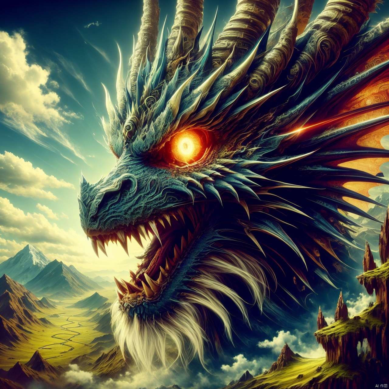  A dragon, vicissitudes of the old dragon, outdoor, sky, clouds, trees, no one, luminous, natural, scenery, luminous eyes, eyes emitting laser light, monsters, mountains, dragons
