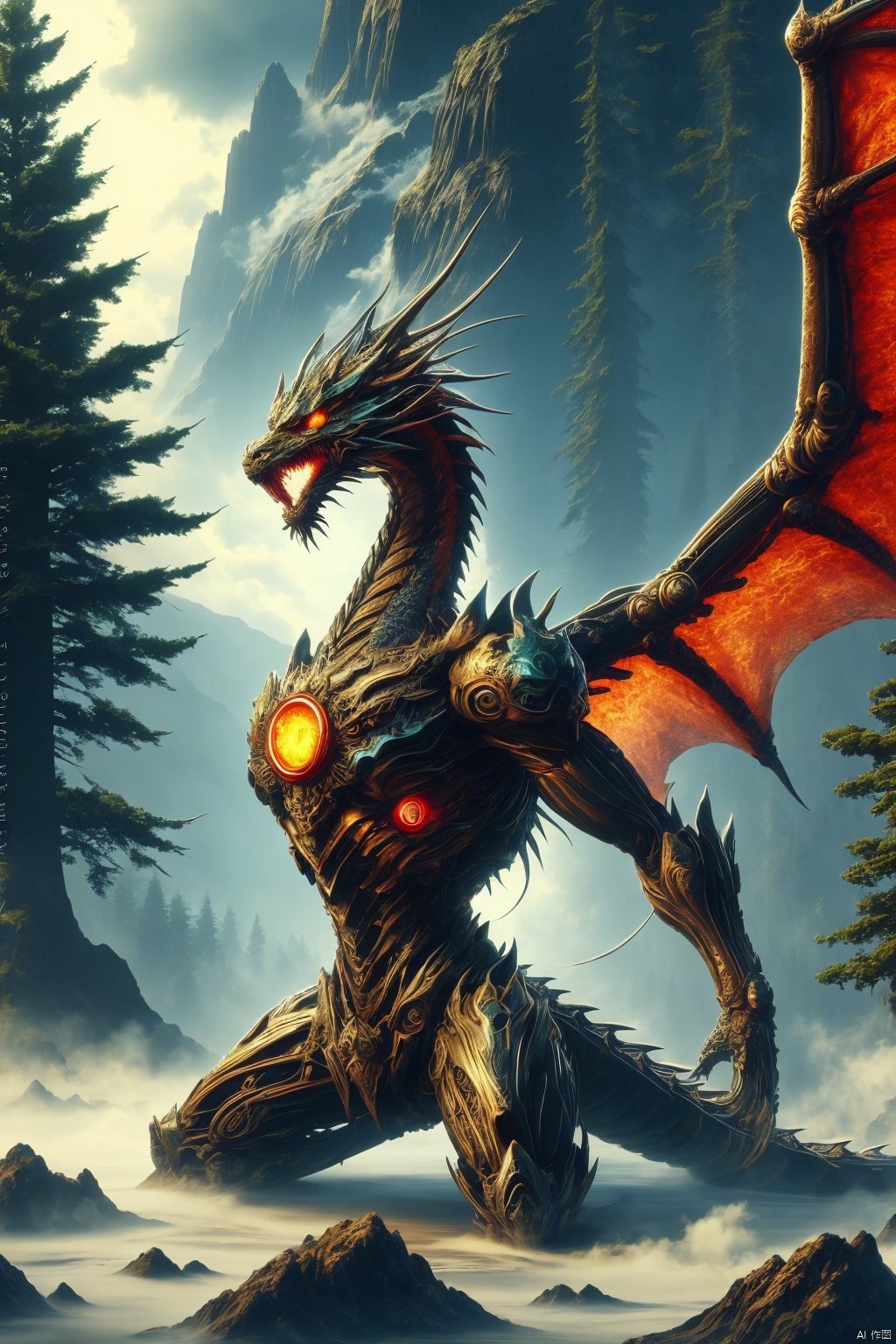 outdoors, sky, cloud, tree, no humans, glowing, nature, scenery, glowing eyes, forest, monster, mountain, dragon