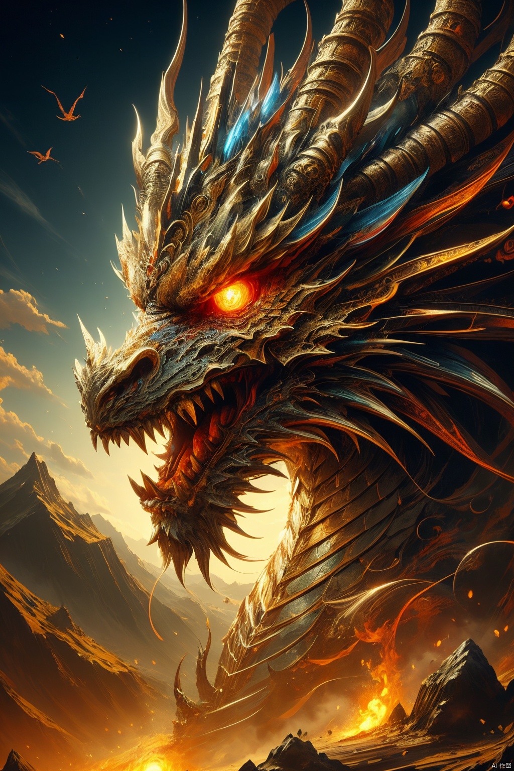 Dragon King, standing, Dragon Horn, sky, glowing, landscape, glowing eyes, dragon, sci-fi, (\long yun heng tong\)