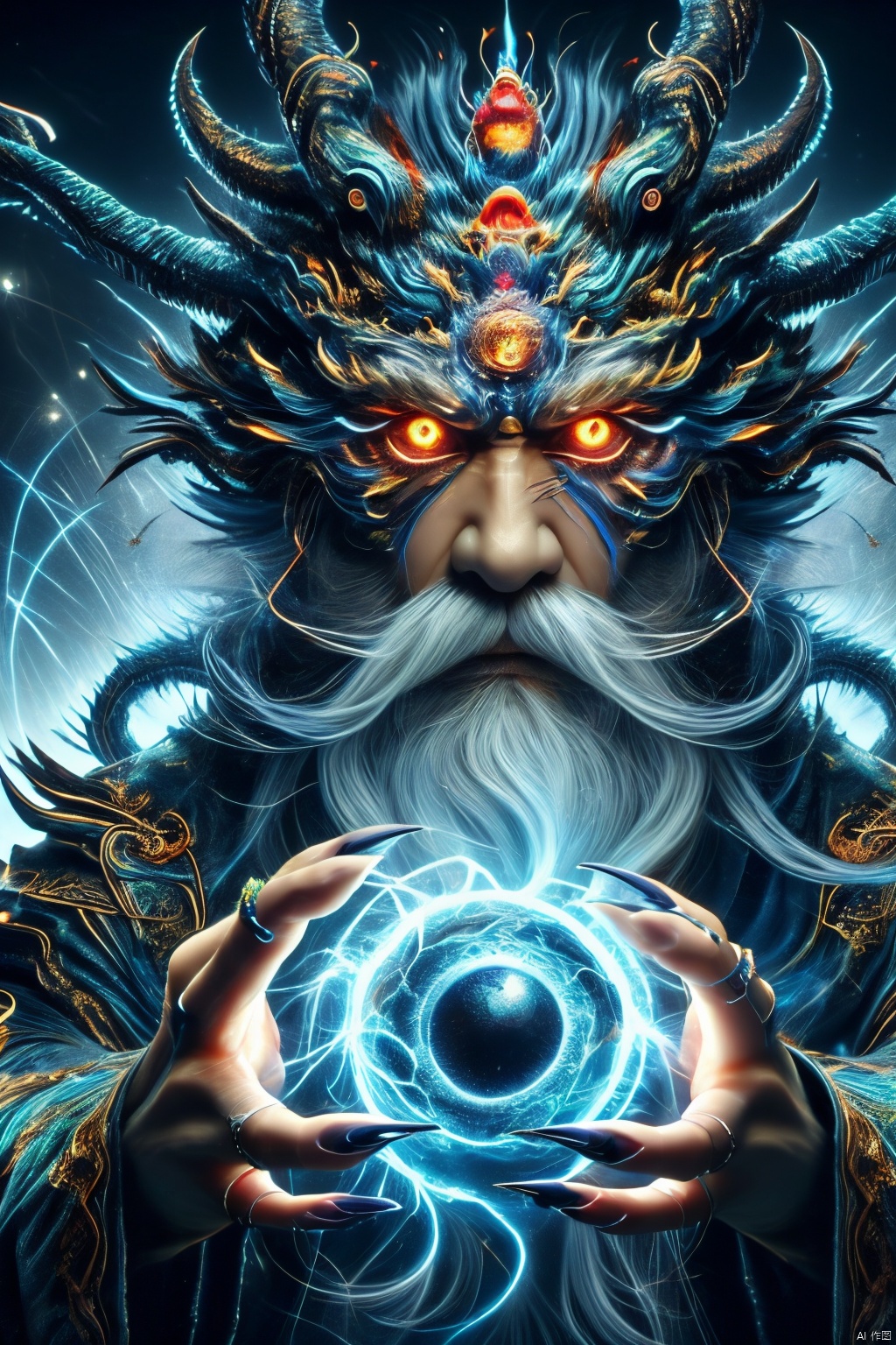  1 boy, glowing eyes, black nails, date, energy ball, perfect fingers, lightning, nail art, Dragon, blue, nails, Dragon Claws, vitality, glowing eyes, magic circle, night, Palm, sky, open mouth, planet, purple, nails, reality, scales, teeth sharp, space, open fingers, stars (Sky)