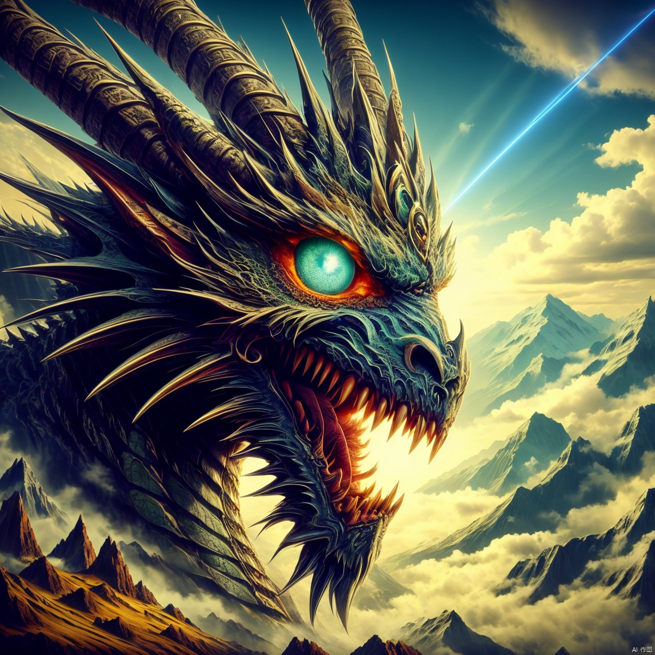  A dragon, vicissitudes of the old dragon, outdoor, sky, clouds, trees, no one, luminous, natural, scenery, luminous eyes, eyes emitting laser light, monsters, mountains, dragons