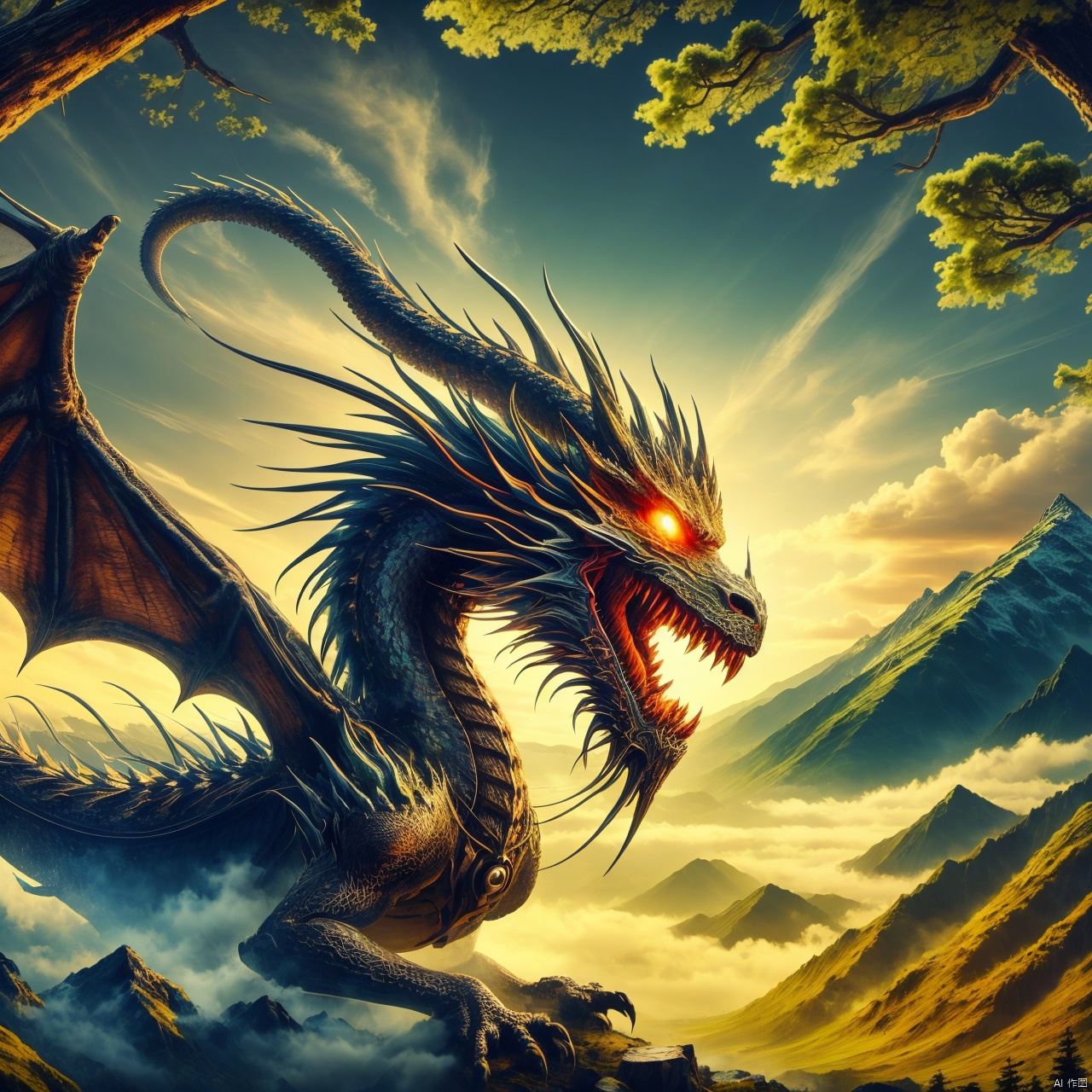  outdoors, sky, cloud, tree, no humans, glowing, nature, scenery, glowing eyes, forest, monster, mountain, dragon, (\long yun heng tong\)