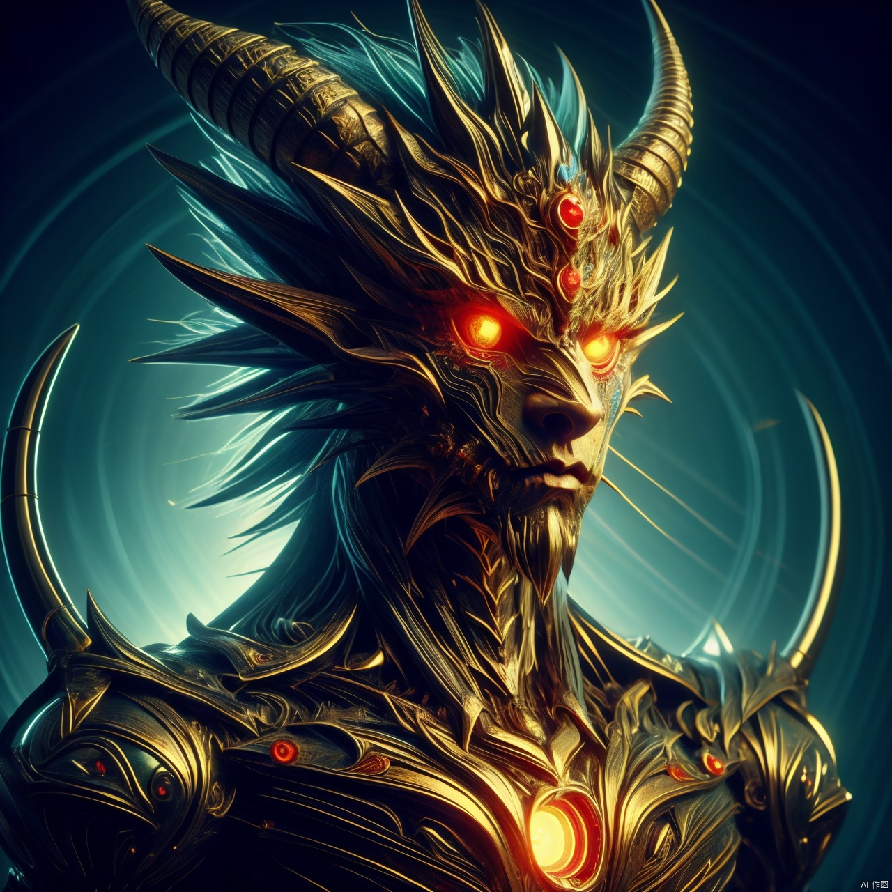 solo, looking at viewer, 1boy, horns, no humans, glowing, glowing eyes, monster