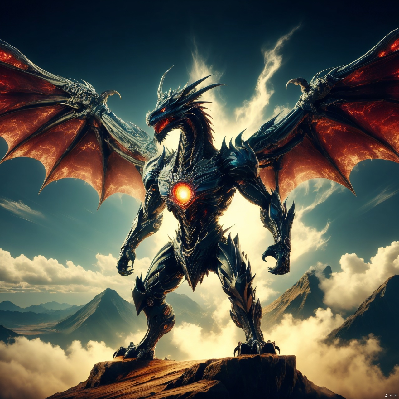 standing, wings, horns, sky, glowing, scenery, glowing eyes, 1other, monster, dragon, giant

