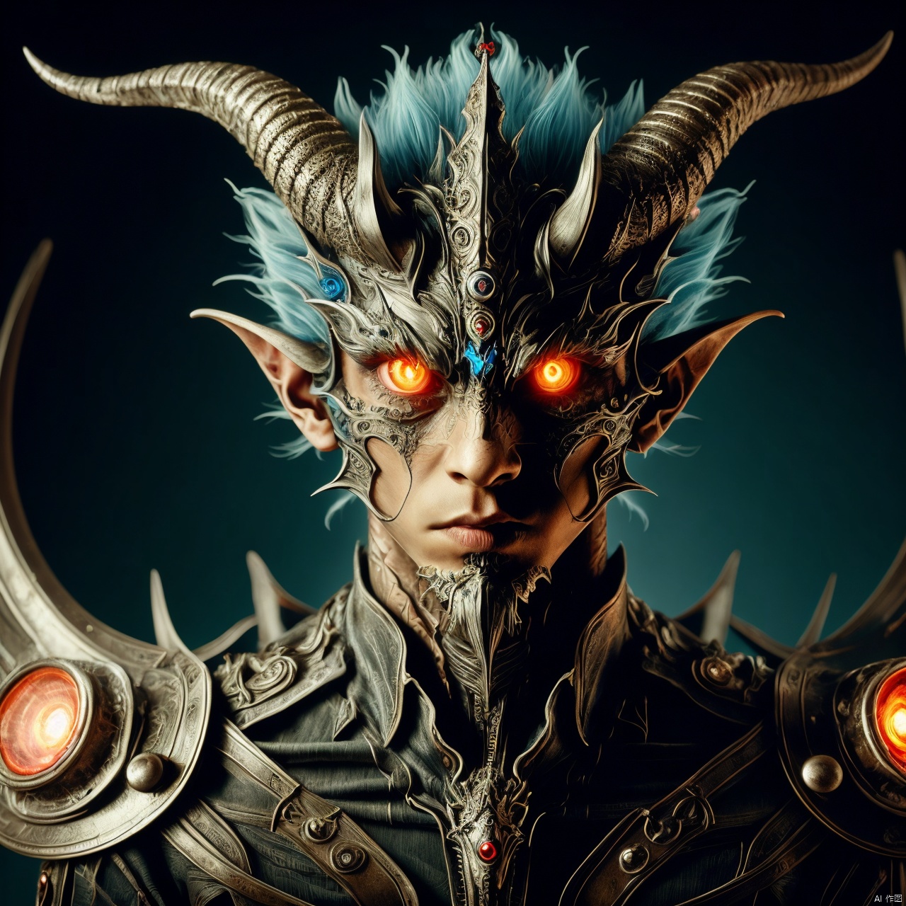  solo, looking at viewer, 1boy, horns, no humans, glowing, glowing eyes, monster