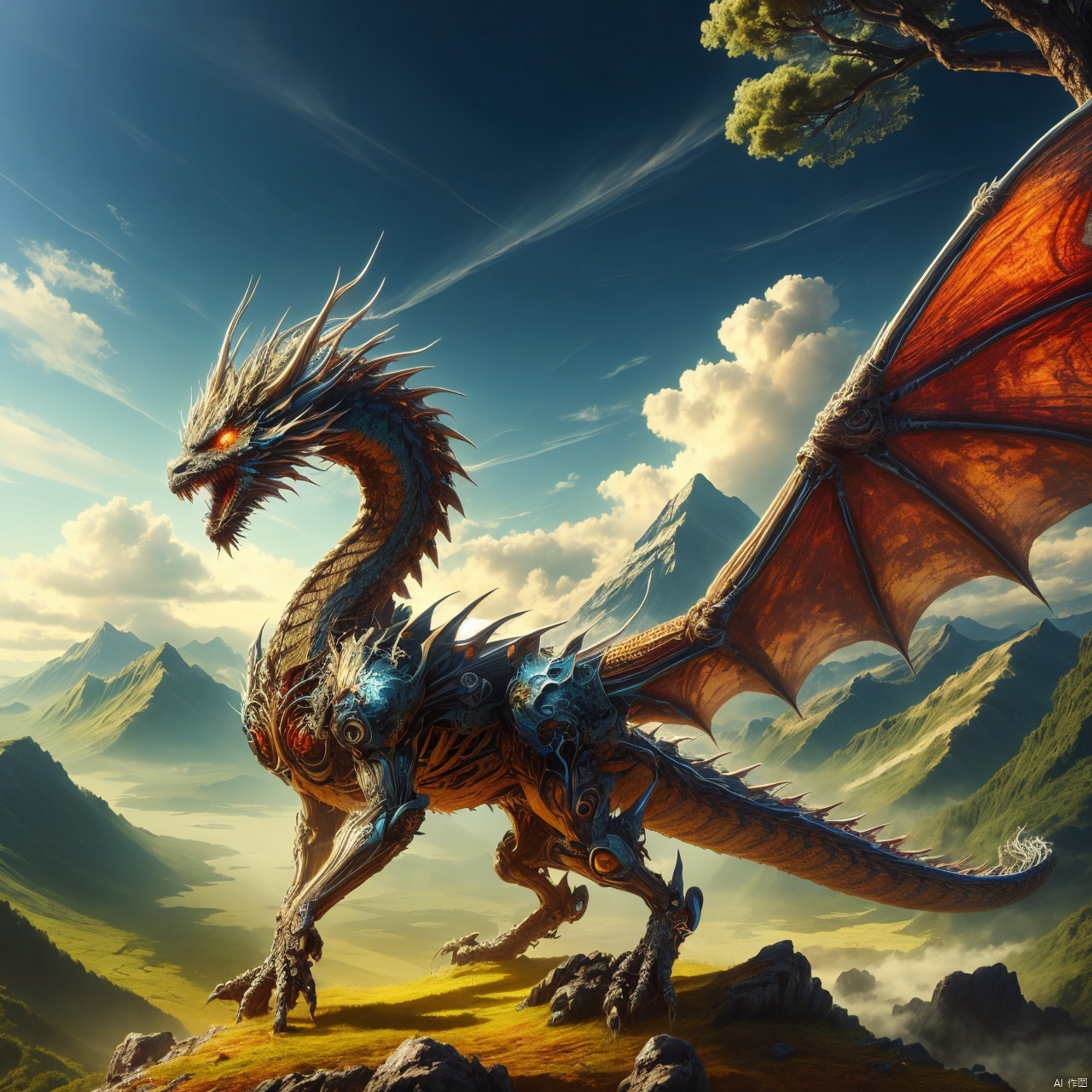 outdoors, sky, cloud, tree, no humans, glowing, nature, scenery, glowing eyes, forest, monster, mountain, dragon, (\long yun heng tong\)