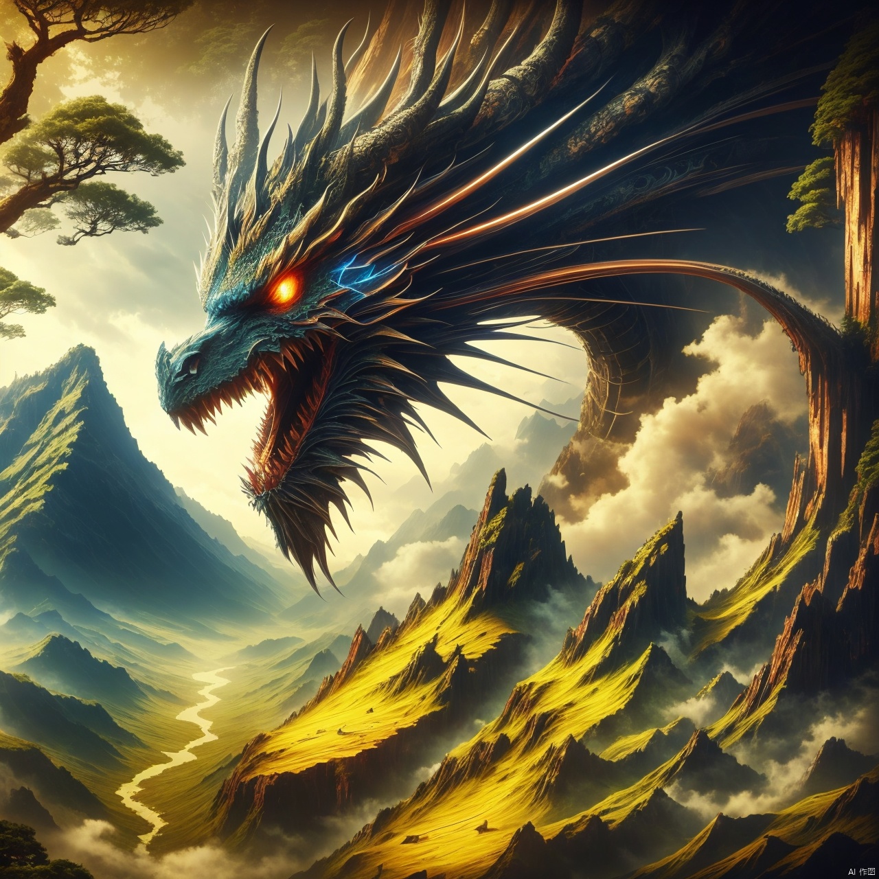  outdoors, sky, cloud, tree, no humans, glowing, nature, scenery, glowing eyes, forest, monster, mountain, dragon, (\long yun heng tong\)