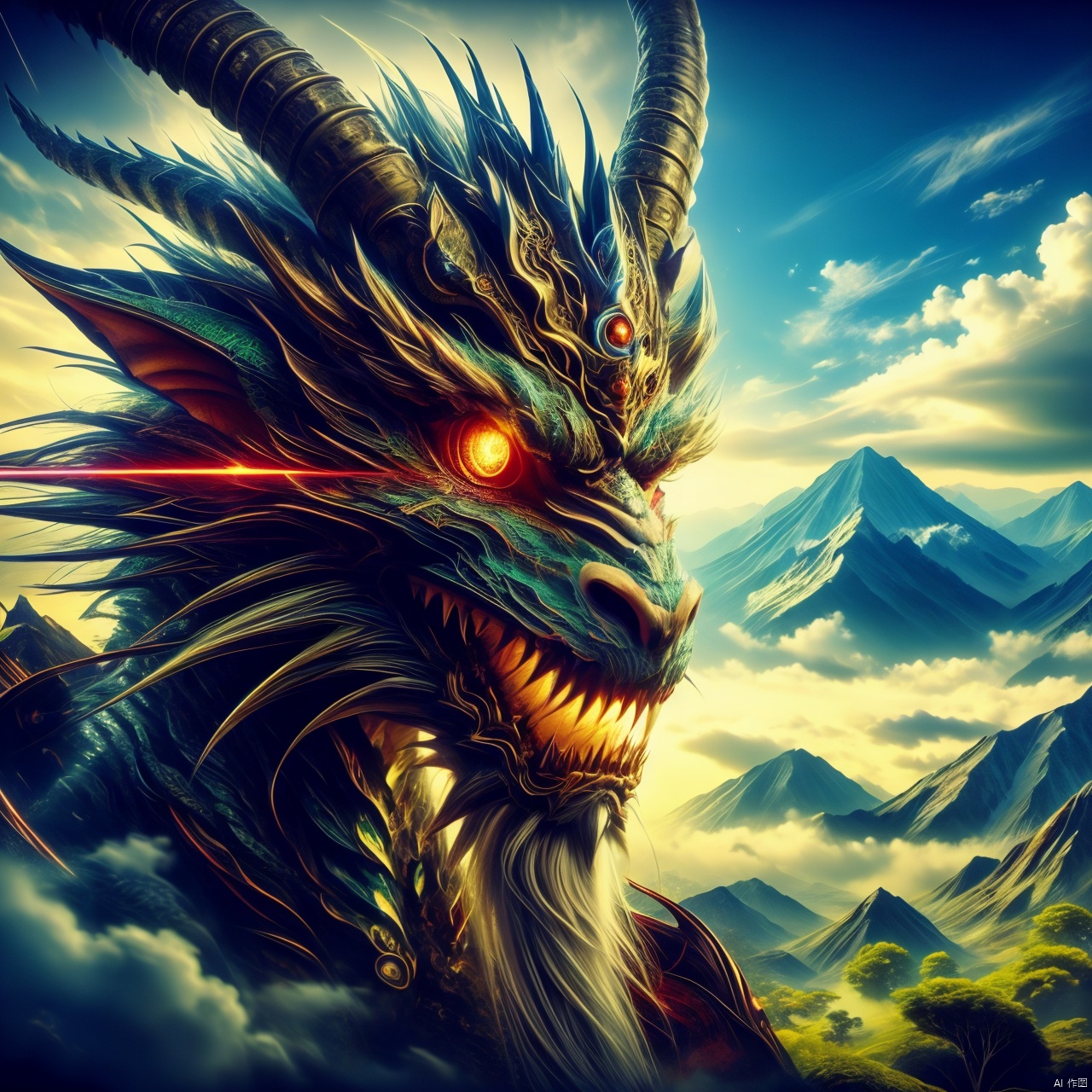  A dragon, vicissitudes of the old dragon, outdoor, sky, clouds, trees, no one, luminous, natural, scenery, luminous eyes, eyes emitting laser light, monsters, mountains, dragons
