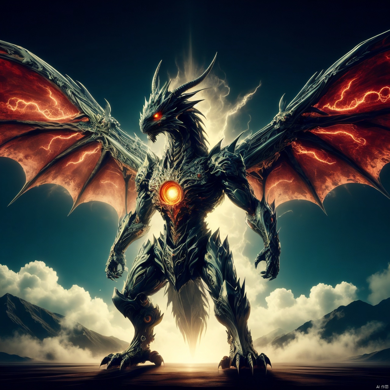 standing, wings, horns, sky, glowing, scenery, glowing eyes, 1other, monster, dragon, giant
