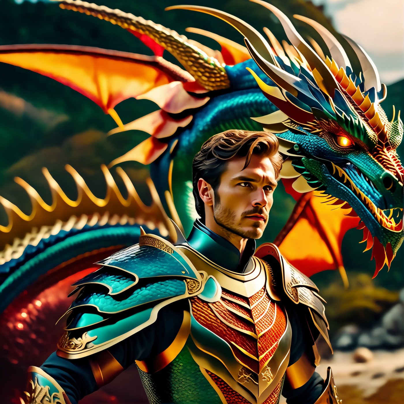 (((full_body portrait shot))), Photo of a dragon with a pair of wings and a knight, Hyper-detailled, 32k, Super High definition, Vibrant Colors, Soft focus, Ultra Smooth,Soft natural look, Full shot, photorealistic, realism, film still, cinematic shot, dreamwave, aesthetic, action_pose,Movie Still,photo r3al,gemsdragon