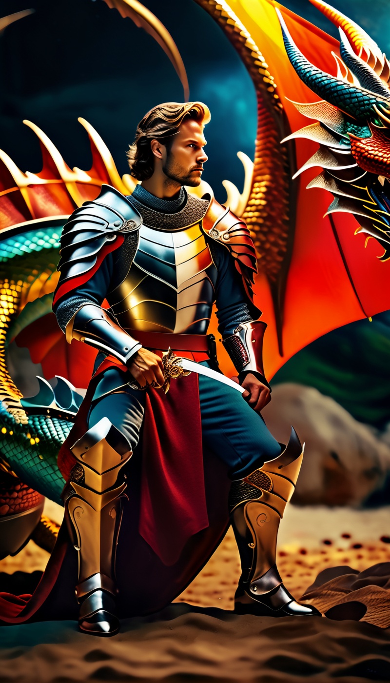 (((full_body portrait))), Photo of a knight and dragon, Hyper-detailled, 32k, Super High definition, Vibrant Colors, Soft focus, Ultra Smooth,Soft natural look, Full shot, photorealistic, realism, film still, cinematic shot, dreamwave, aesthetic, action_pose,Movie Still,photo r3al,gemsdragon