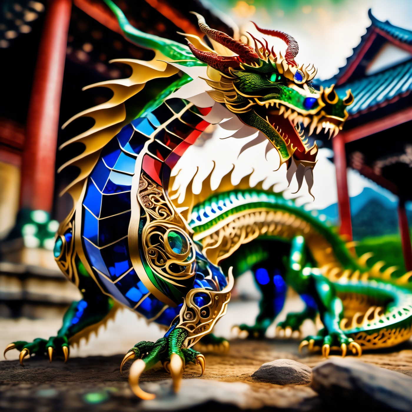 (long:1.2), (living:1.2) dragon made of gold filigree, green gems, blue gems, red gems, shining, and white paper, sitting on the ground outside ancient bulding, (((full-body view portrait))), detailed background, action_pose,gemsdragon
