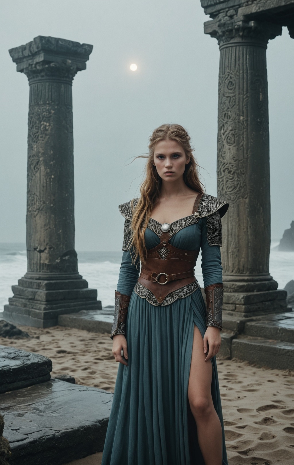 + Vikings shieldmaiden series,  standing with a slight bending on your knees pose,  in ancient mystical temples on Tensor.Art
