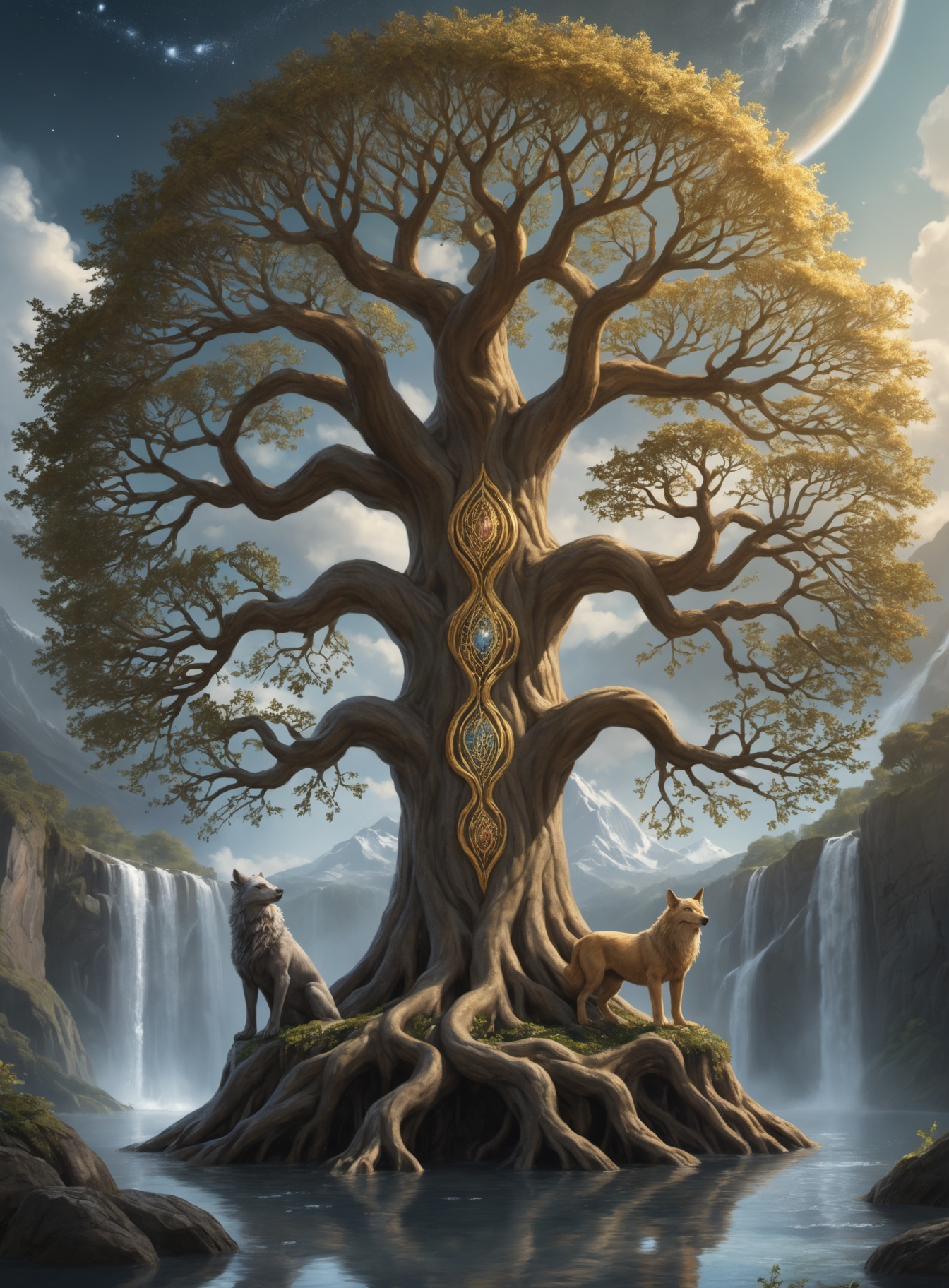 The paintingof the legendary Yggdrasil tree,  reaching up towards the heavens with its sprawling branches adorned with lea...