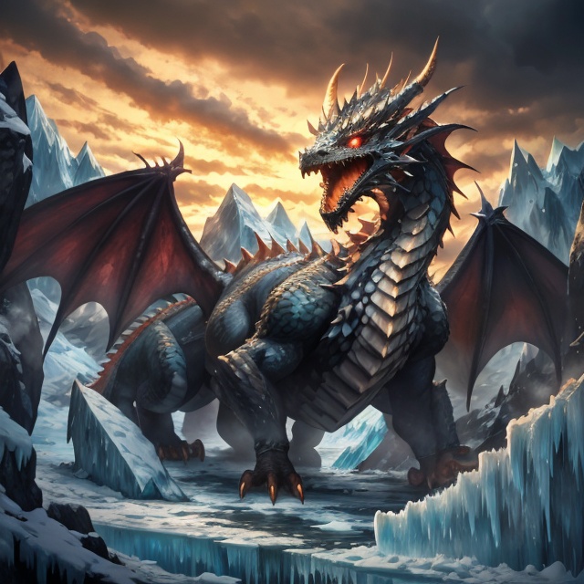 Generate hyper realistic image of a colossal dragon dwelling within the frozen heart of a glacier. The Frozen Glacier Drak...