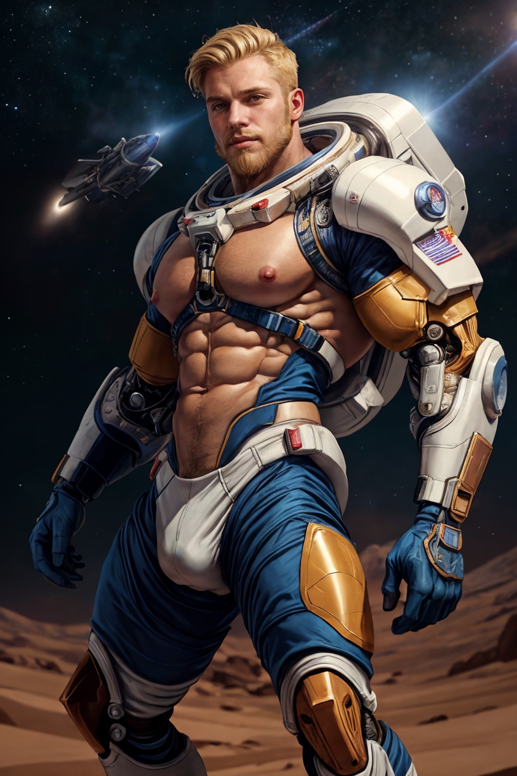 illustration of an american male space explorer wearing futuristic exosuit,  exploring mars,  blonde hair on Tensor.Art