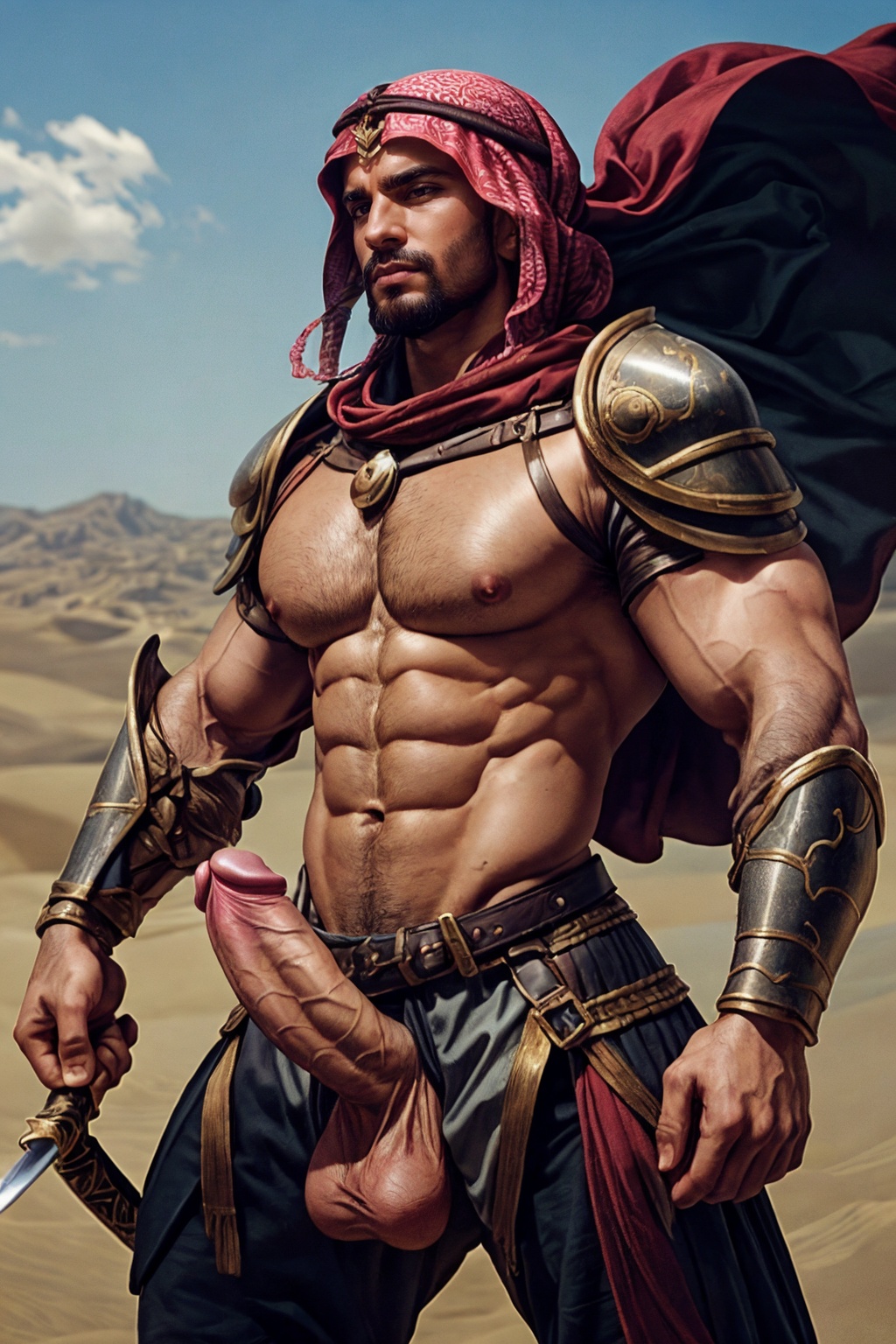 illustration of an arabian warrior fighting in the arabian desert,  ((wearing middle eastern warrior armor)),  single paul...