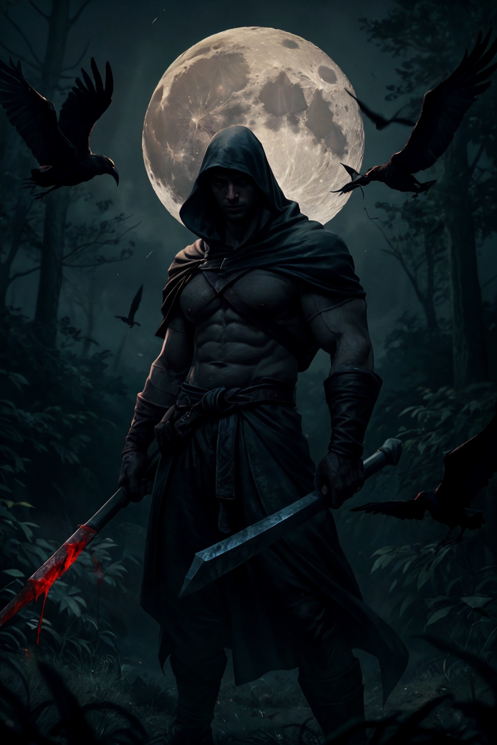 a man cloaked in shadows standing alone in a dark forest,  surrounded by flying crows,  a moon overlooking in the distance...
