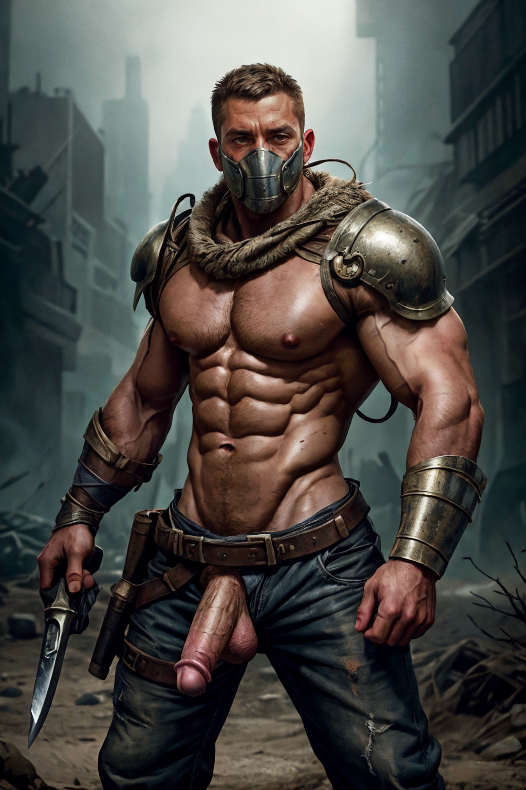 A portrait of a post-apocalyptic warrior with battle scars,  Wearing half a metal mask,  armor on Tensor.Art