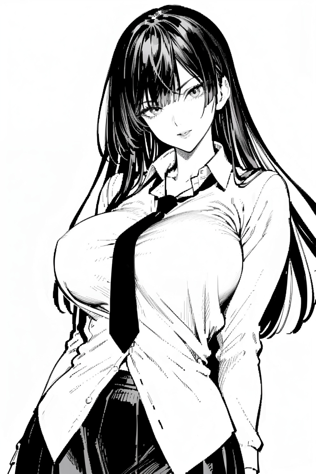 masterpiece, best quality, highres, (Gray-scale), perfect face, (1girl), (solo), (upper body), (broad shoulders, big breasts, long legs, wide pelvis, slender, skinny, black eyes, black long hair, bangs), (school uniform, black skirt without wrinkles, white shirt, black stockings, black necktie, long sleeves), looking_at_viewer,MUK,