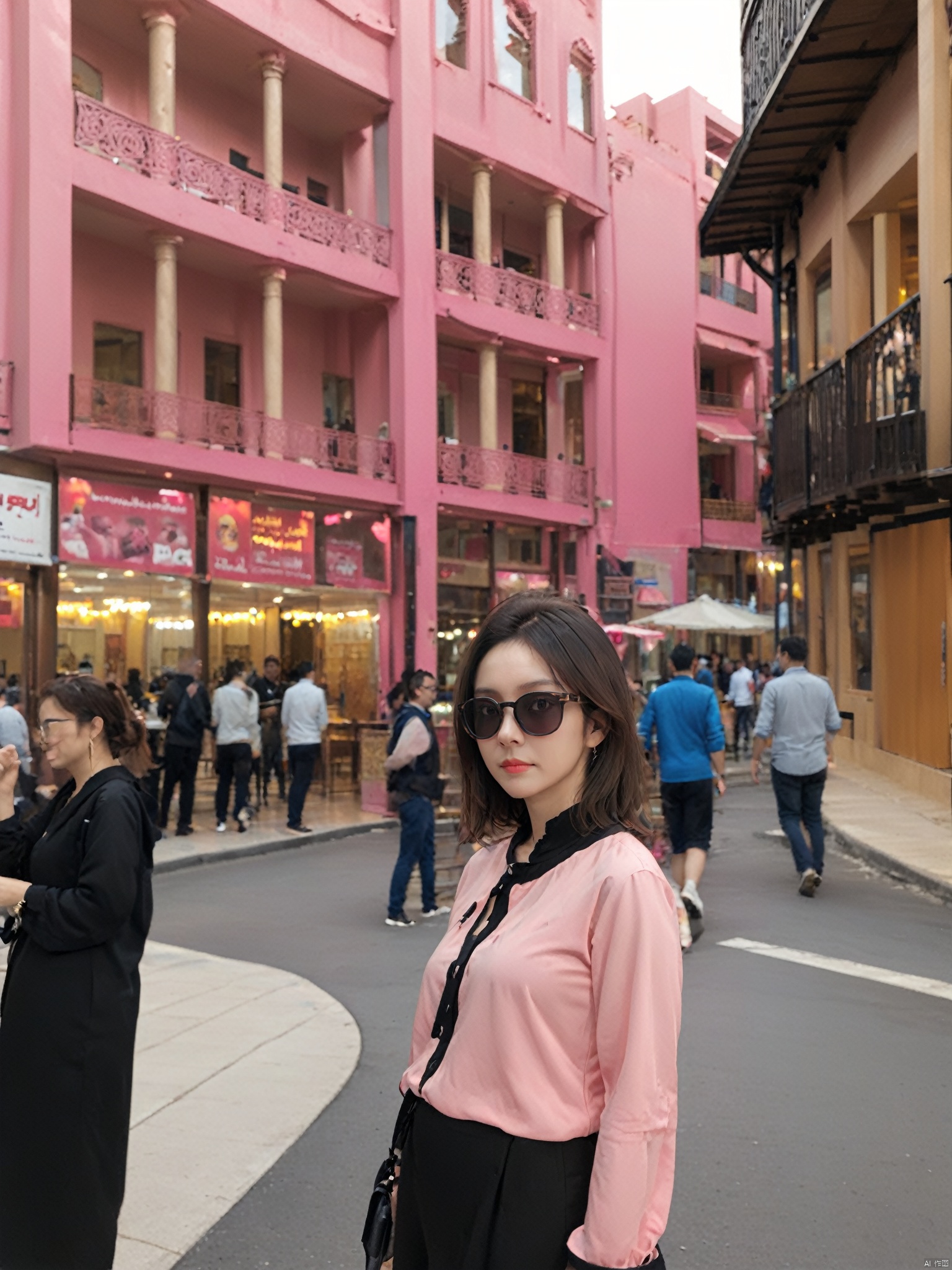  elegant asion girl, stylish sunglasses, partial portrait, pink and black attire, confident pose, blurred background with traditionally dressed people, soft focus, warm lighting, outdoor setting, cultural diversity, best quality, ultra highres, original, extremely detailed, perfect lighting.