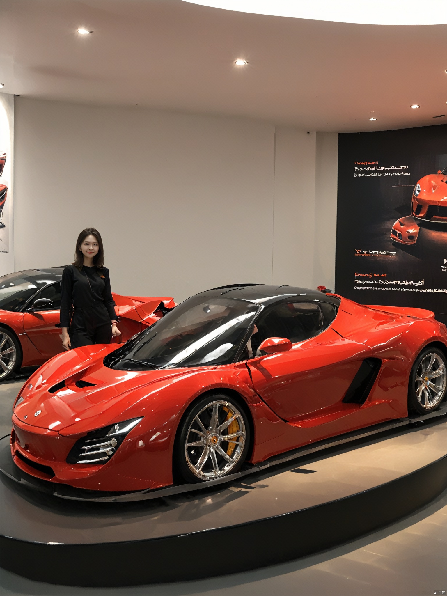 young girl posing with a red sports car, casual fashion, car exhibition, vehicle design sketches, automotive museum, modern elegance, sleek lines, vibrant color, interactive display, leisure day out, stylish accessory, best quality, ultra highres, original, extremely detailed, perfect lighting