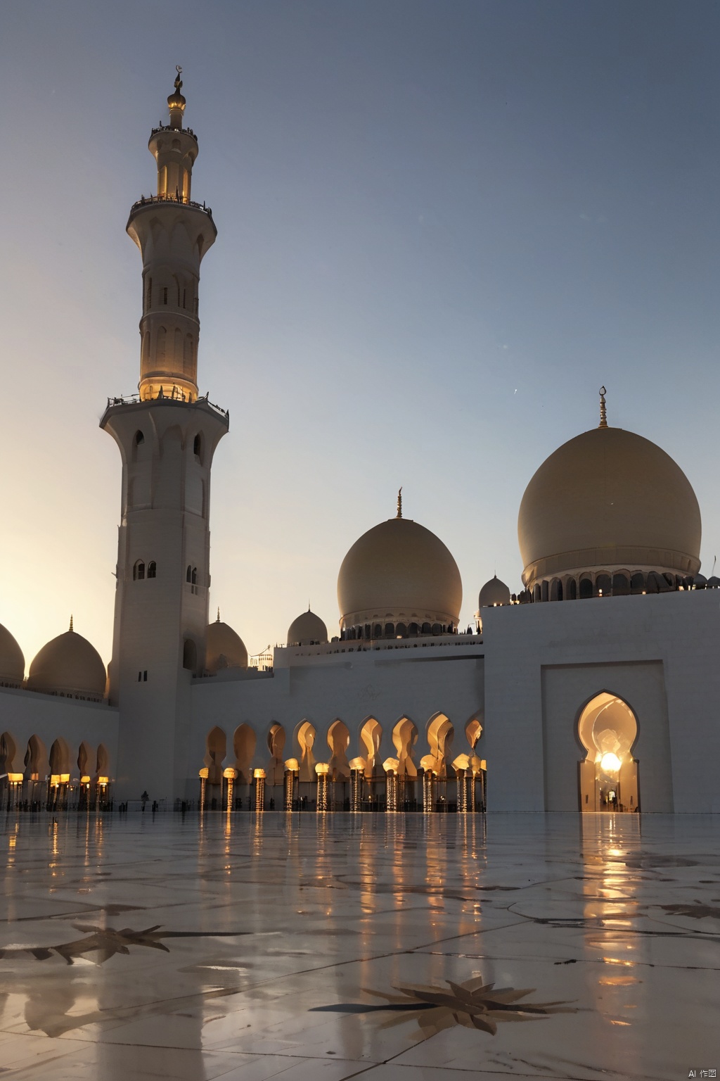 grand mosque at sunset, diverse group of tourists, traditional clothing, cultural harmony, warm sunlight, clear sky, intricate architecture, majestic domes, golden hour, joyful expressions, lively atmosphere, social interaction, travel and exploration, best quality, ultra highres, original, extremely detailed, perfect lighting.