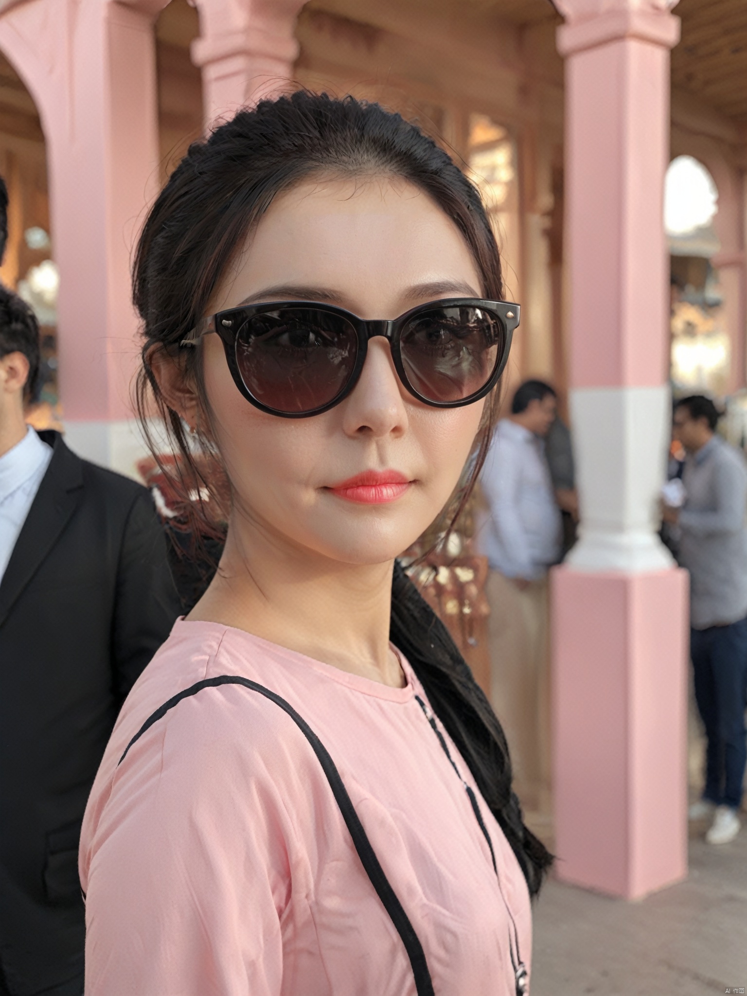  elegant asion girl, stylish sunglasses, partial portrait, pink and black attire, confident pose, blurred background with traditionally dressed people, soft focus, warm lighting, outdoor setting, cultural diversity, best quality, ultra highres, original, extremely detailed, perfect lighting.