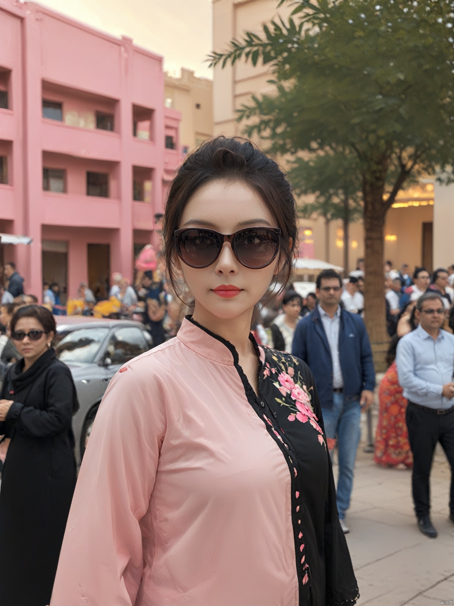  elegant asion girl, stylish sunglasses, partial portrait, pink and black attire, confident pose, blurred background with traditionally dressed people, soft focus, warm lighting, outdoor setting, cultural diversity, best quality, ultra highres, original, extremely detailed, perfect lighting.