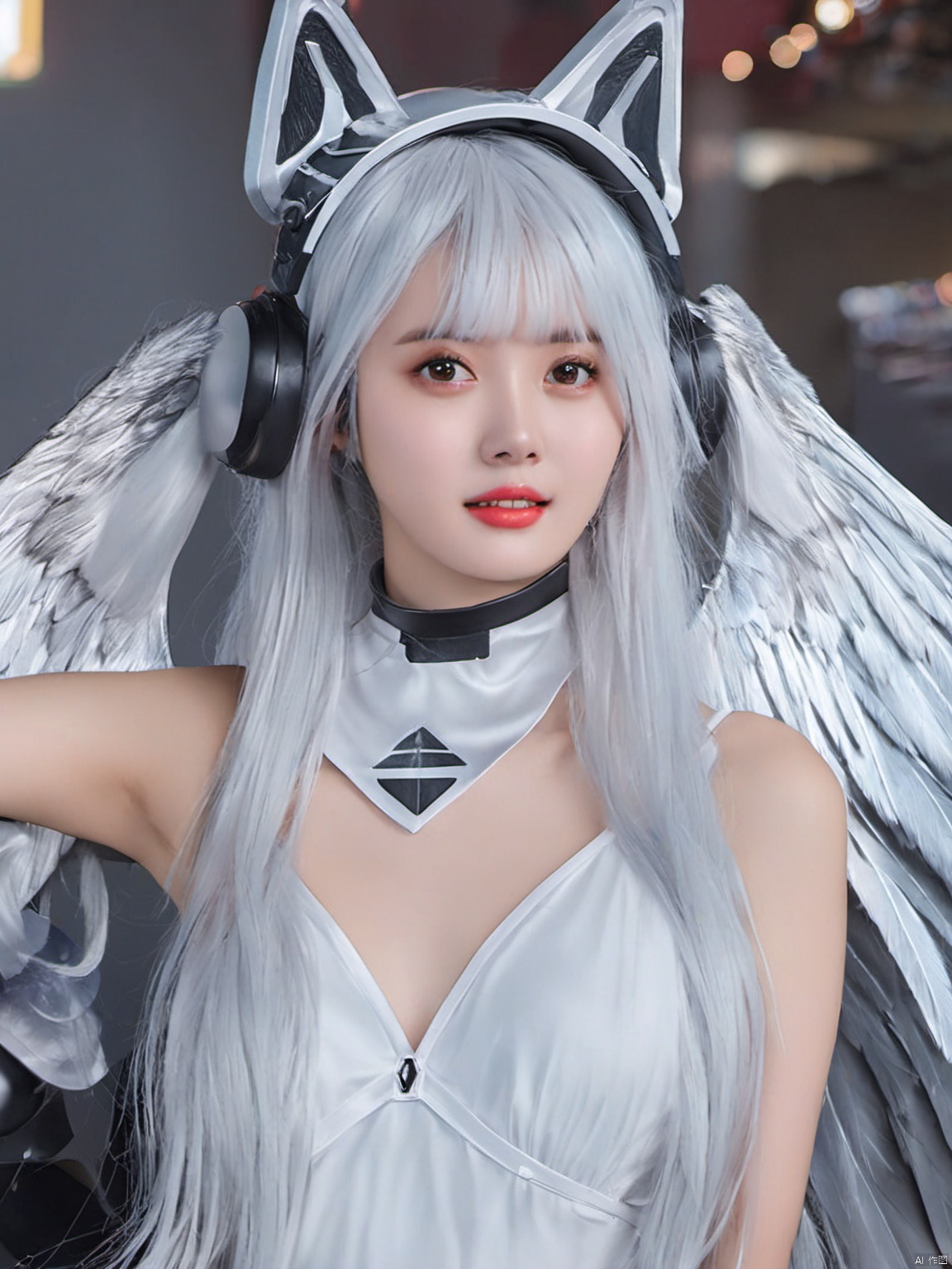  (masterpiece, top quality, best quality, official art, beautiful and aesthetic:1.2), tianqi,1girl,solo,long hair,looking at viewer,white hair,realistic,fake animal ears,wings